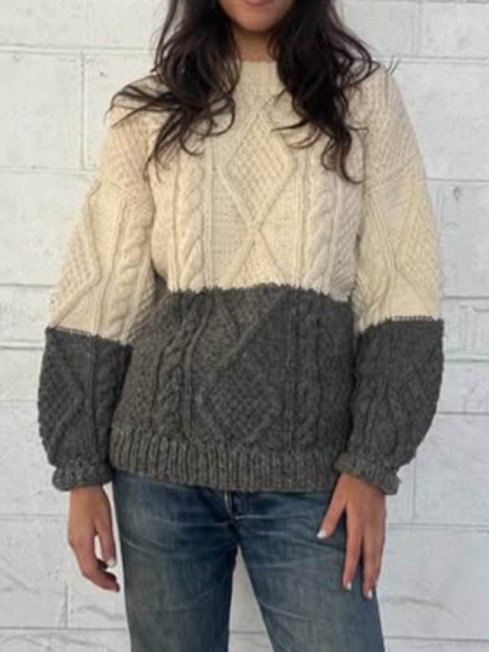 Vintage Colorblock Cable Knit Sweater Cream Brown Fisherman Chunky Wool